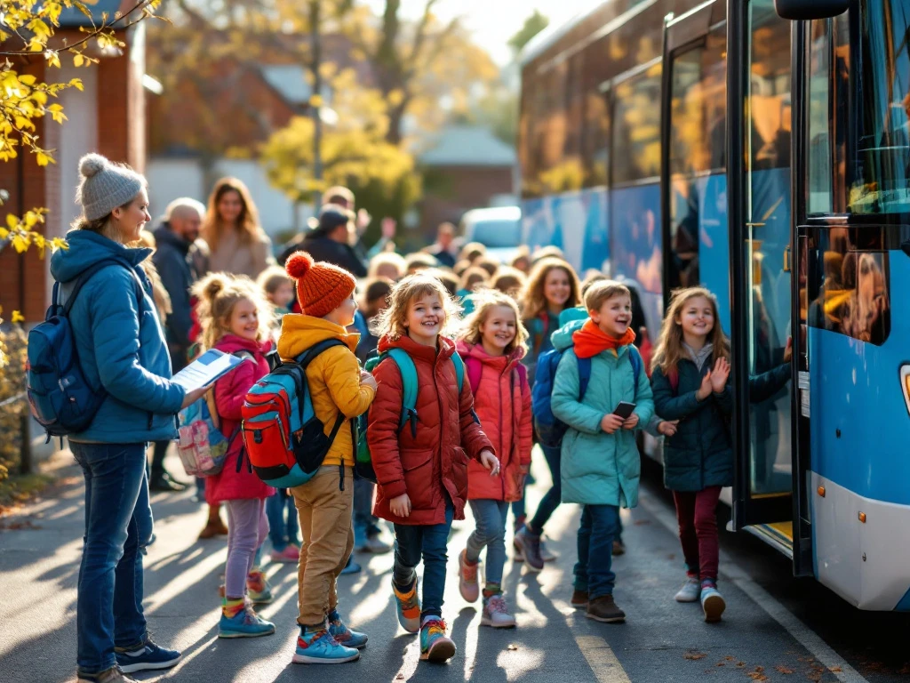 Iloiset suomalaiset alakoululaiset nousevat kevätaamuna retkibussiin, ylpeinä värikkäistä sukistaan onnistuneen varainkeruun merkkinä.